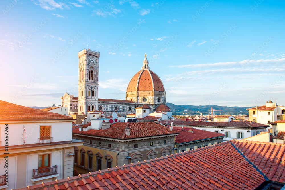 Cityscape view on the famous Santa Maria Del Fiore Church with bell tower in the morning in Florence