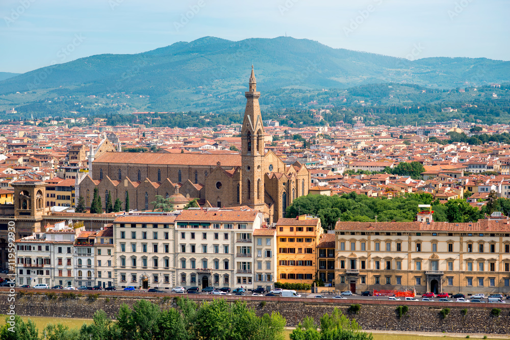 Florence aerial cityscape view from Michelangelo square on the old town with Santa Croce church in Italy