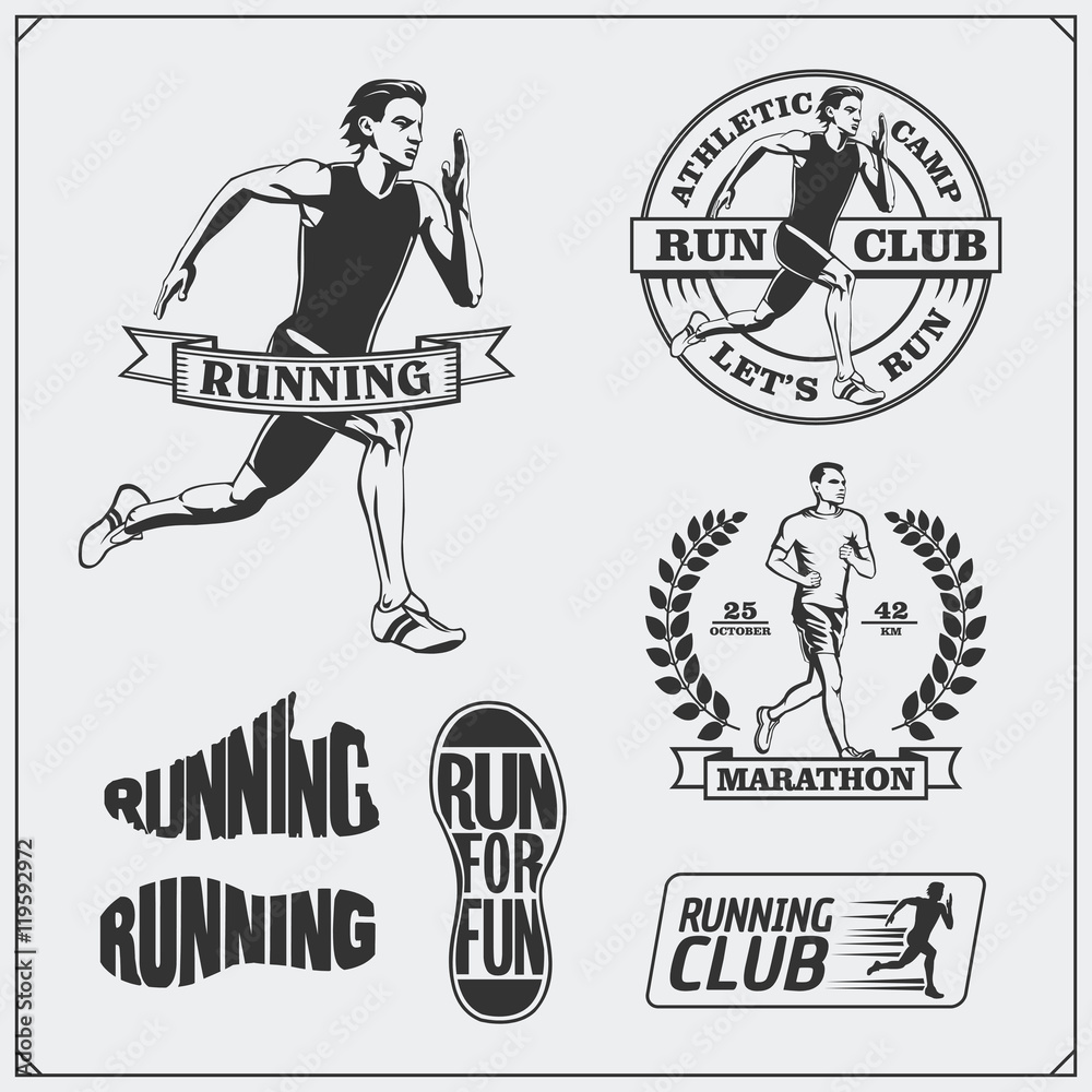 Set of jogging and running club labels, emblems, badges and design