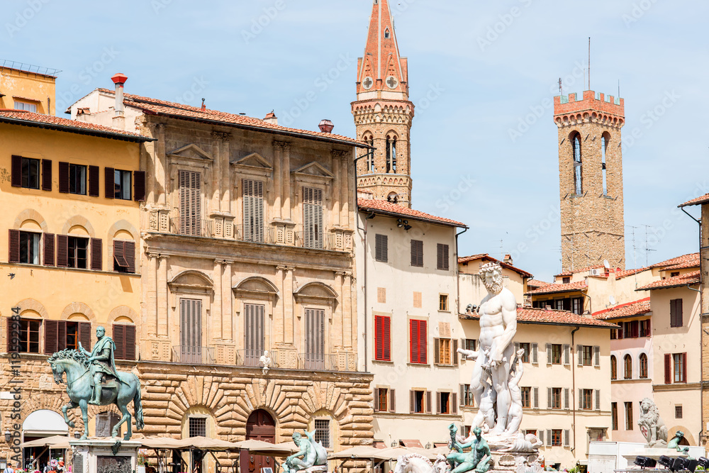 Signoria square with fountain of Neptune in Florence old town in Italy