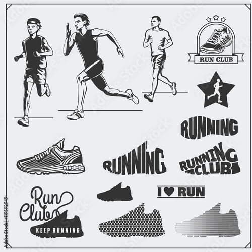 Set of jogging and running club labels, emblems, badges and design elements. Running shoes icons and silhouettes of runners.