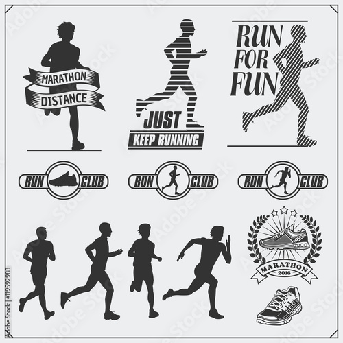 Set of jogging and running club labels, emblems and design elements. Silhouettes of runners.