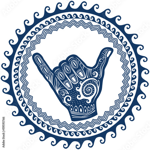 Shaka hand sign in round wave ornament