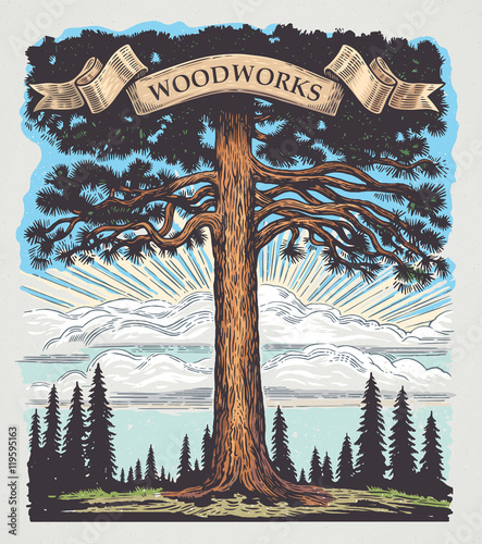 Graphically landscape with big pine and ribbon in branches, illustration drawn by hand.