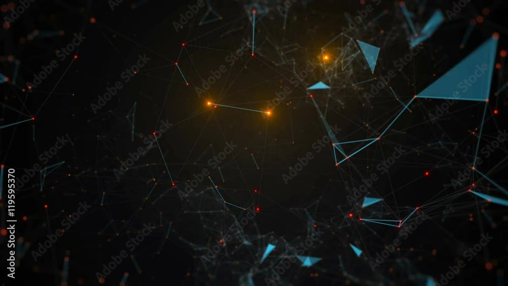 Abstract 3d background. Render of complex plexus structure with bright glow dots. Triangles and lines geometry. Loopable camera fly by.