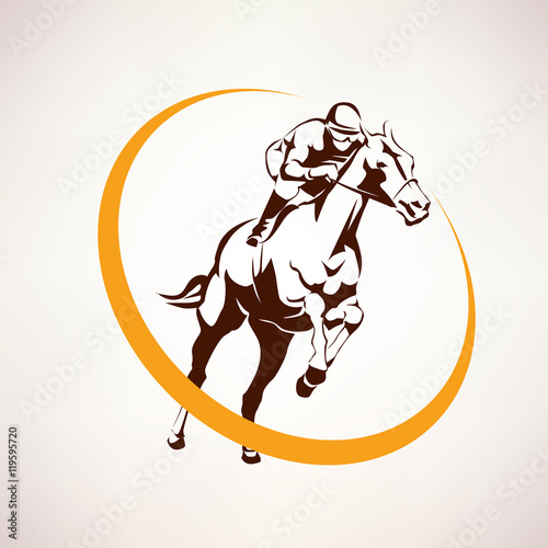 horse race stylized symbol, jockey riding a horse elmblem