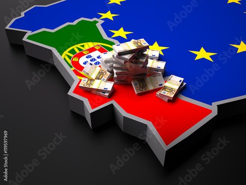 Portugal in the EU, represented in 3D, portugal with a sum of money on top representing its financial power.
