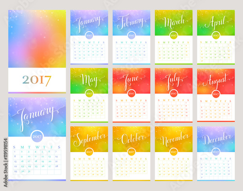 Сalendar for the Year 2017. Vector template with abstract blurred background and lettering. Handwritten month names. Set of 12 monthly cards and cover for print or web.