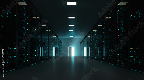 3D interior scene, with server rack and an open exit door, freedom of cloud computing concept.