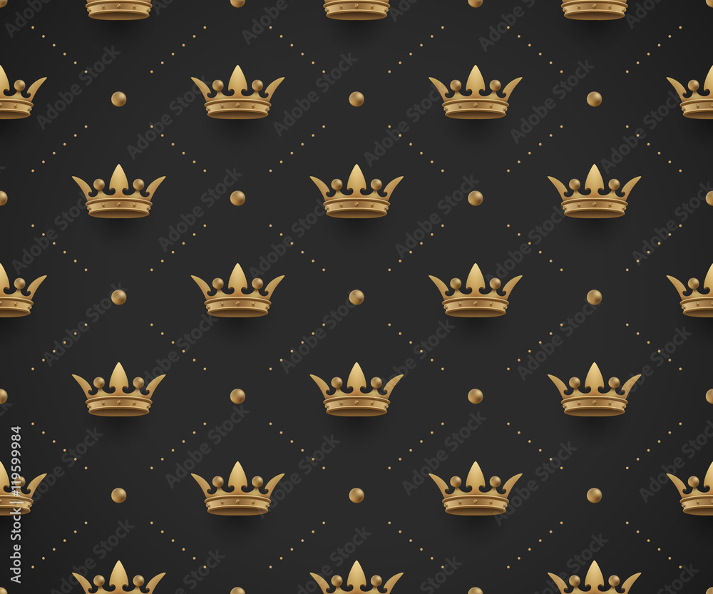 Seamless gold pattern with king crowns on a dark black background. Illustration. Seamless gold pattern with king crowns on a dark black background. Illustration.