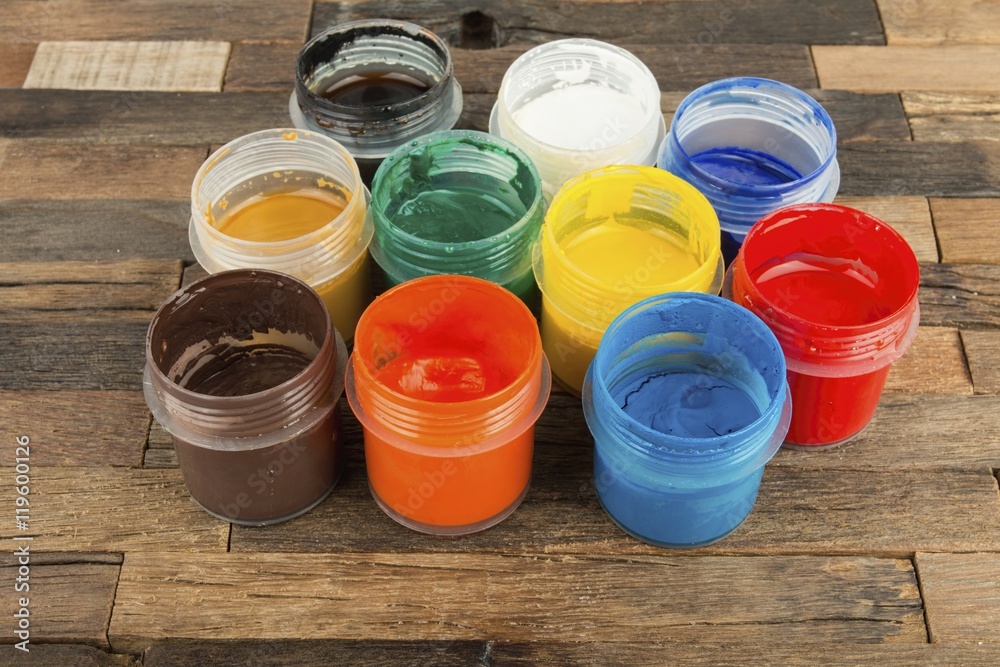 Jars with a colorful paint gouache. Stock Image macro. Jars with a colorful paint gouache. Stock Image macro.