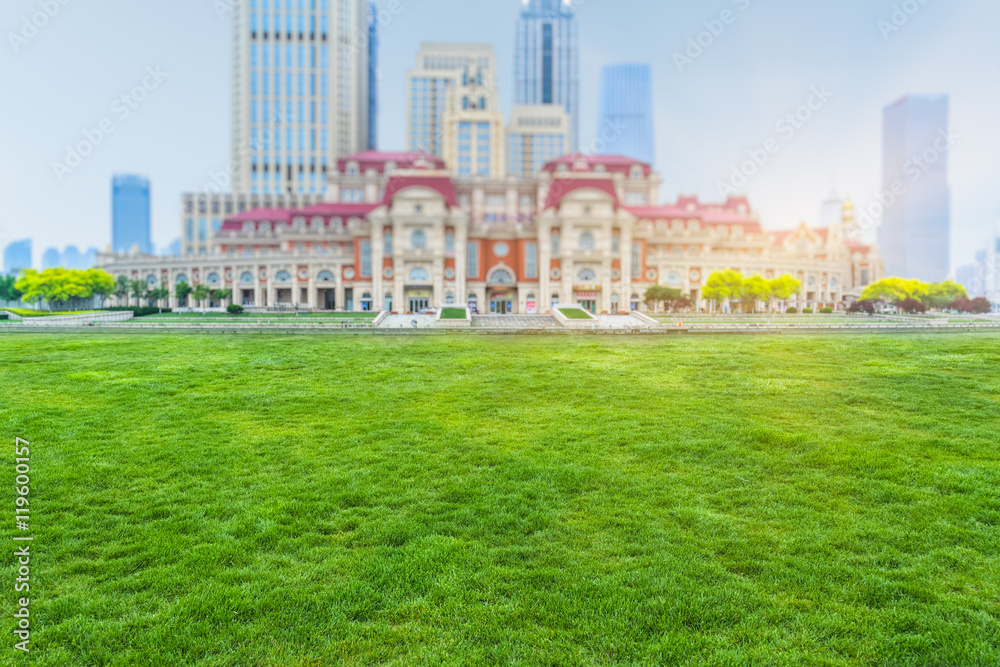 Obraz premium buildings and green lawn