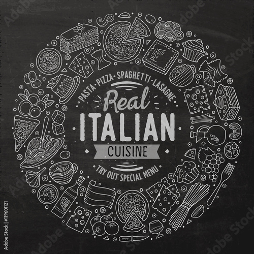 Set of Italian food cartoon doodle objects, symbols and items