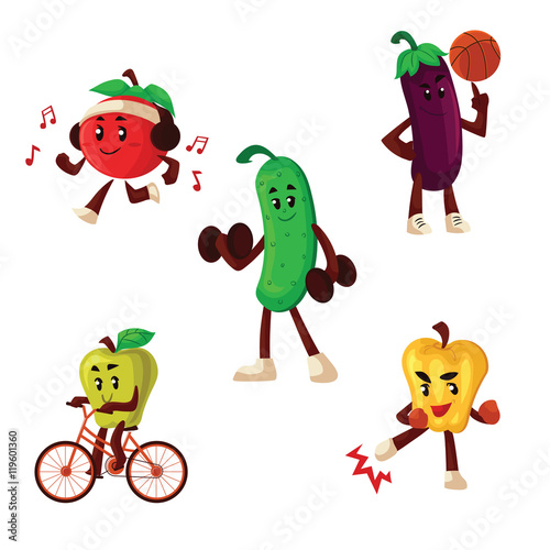 Fruits and vegetables doing sport exercises, cartoon style vector illustration isolated on white background. Healthy lifestyle habits development concept