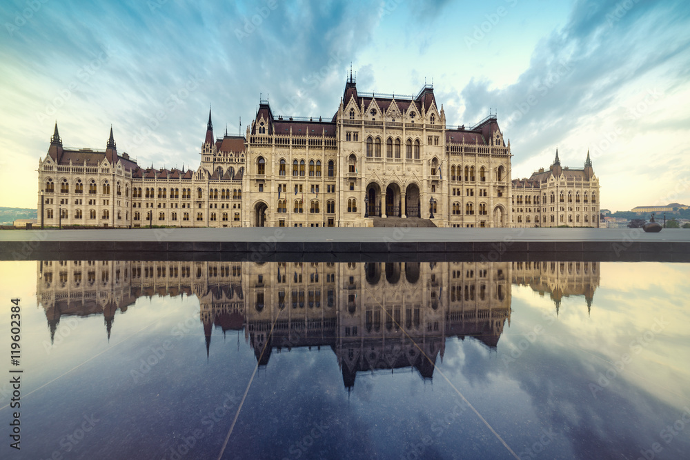Parliament building in Budapest on a sunset with reflection