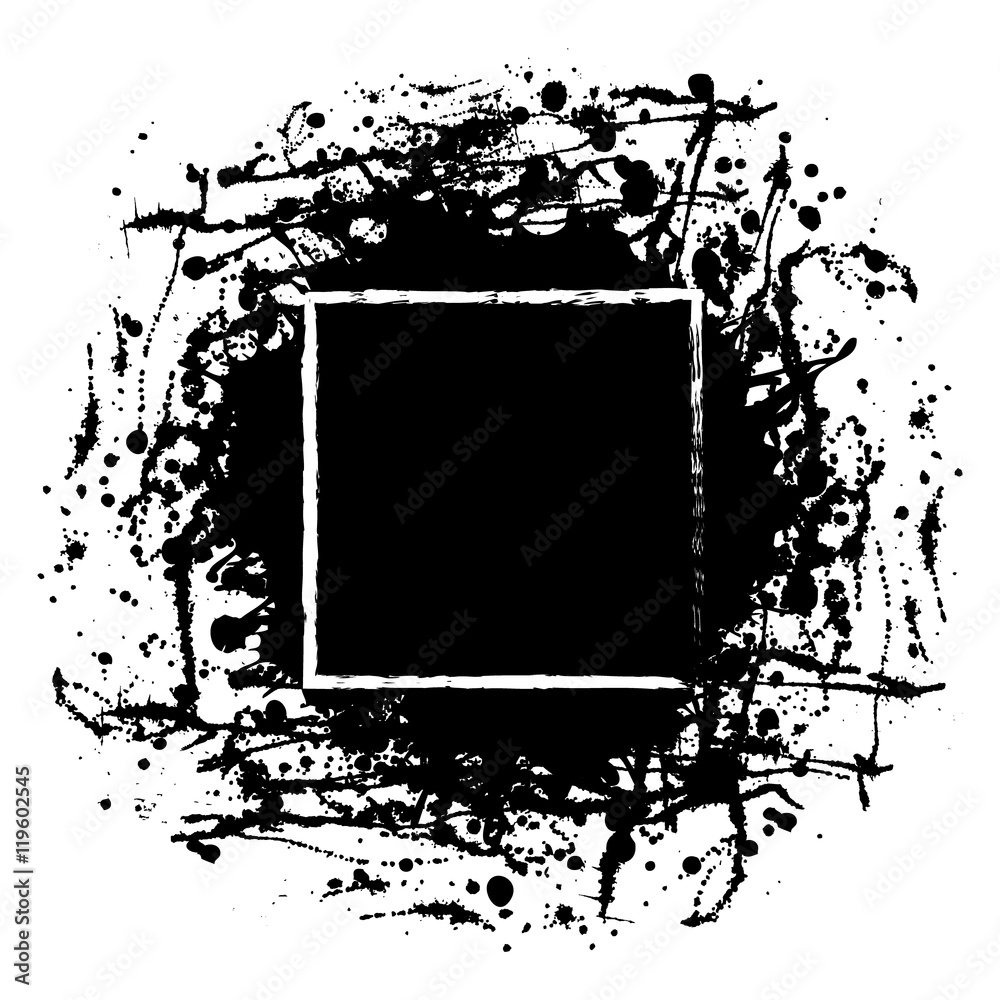 Vector black ink blot with brush strokes and square frame with space for text, isolated on the white background. Graphic illustration. Series of elements for design, splash, blots and brush strokes.