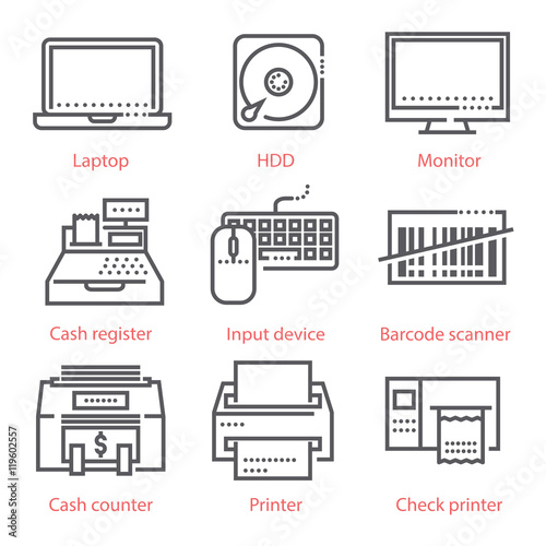 Vector linear icons set. Electronic devices, computers, business and banking equipment, finance and market tools. 