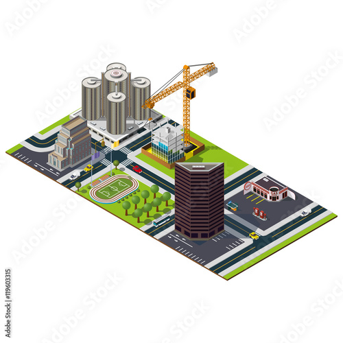 Isometric city map. Hotel building. Bank street in downtown. Constraction and central studium illustration.