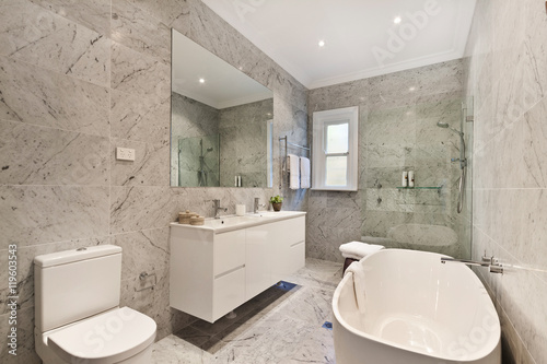 Stylish clean bathroom with shower and bath tub