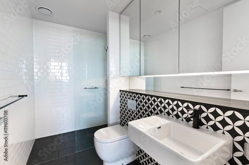 Stylish clean bathroom with shower and bath tub