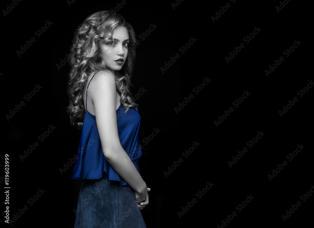 Stylish Portrait of a beautiful girl on a black background. Blon Stylish Portrait of a beautiful girl on a black background. Blon