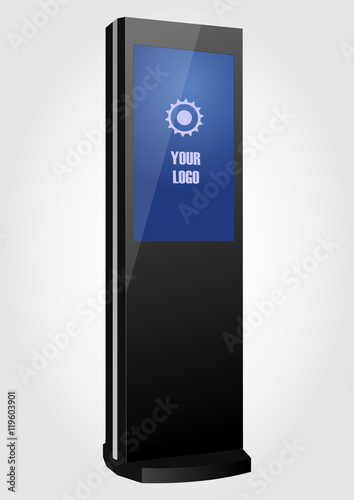 Promotional Interactive Information Kiosk Terminal Stand Touch Screen Display. Mock Up Template.