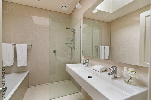 Stylish clean bathroom with shower and bath tub