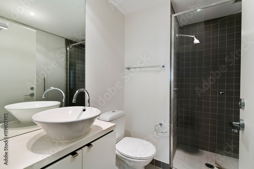 Stylish clean bathroom with shower and bath tub