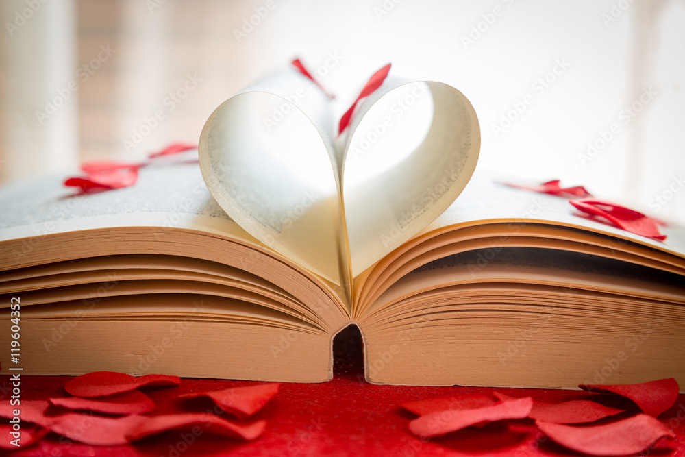 Pagine di libro a forma di cuore con petali rossi Stock Photo