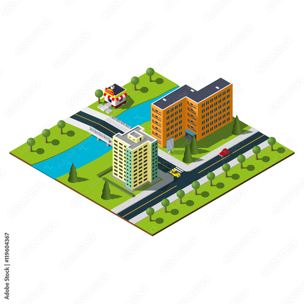 Isometric city map. Crossroads and road markings illustration. Bridge over the wide river in downtown. Bakery illustration. Isometric city map. Crossroads and road markings illustration. Bridge over the wide river in downtown. Bakery illustration.