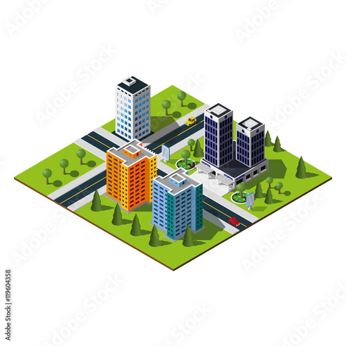 Isometric city map. Crossroads and road markings illustration. Hospital in downtown. © Markoff