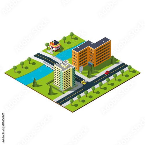 Isometric city map. Crossroads and road markings illustration. Bridge over the wide river in downtown. Bakery illustration. © Markoff