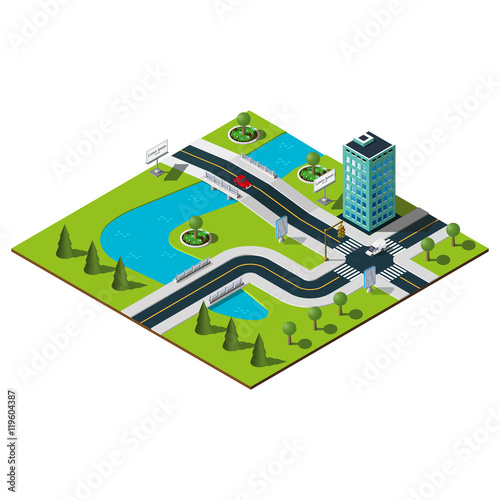 Isometric city map. Crossroads and road markings illustration. Bridge over the wide river in downtown.