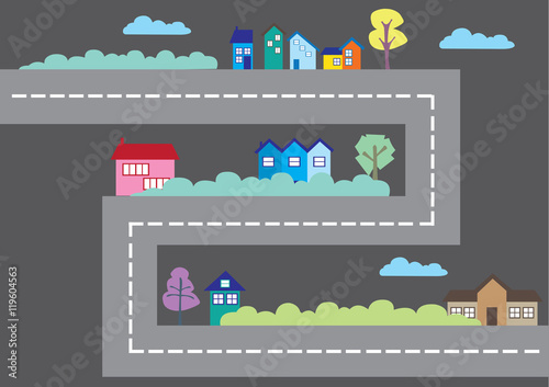 Colorful Houses Along Road Cartoon City Map Vector Illustration