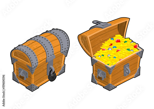 Open treasure chest isometrics. Old casket with money. Gold and