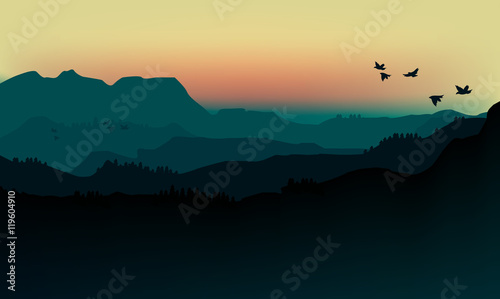 Vector illustration landscape of silhouette mountains in fog and