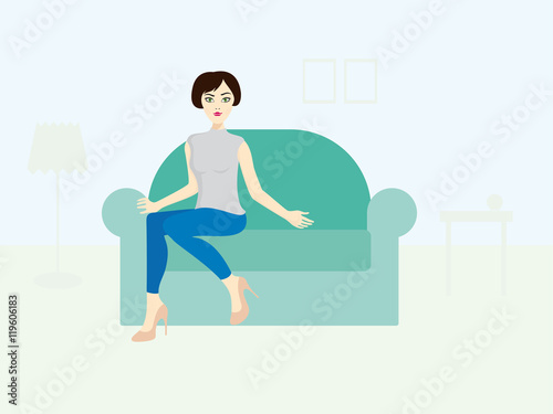Woman sitting on the couch vector. Vector illustration of a beautiful young woman. Girl invites you to sit on the couch