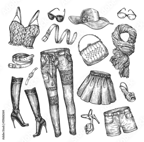 Fashion. Vector collection of women clothing. Hand-drawn sketch skirt, top, handbag, shorts, belt, boots, scarf, hat, shoes, t-shirt, glasses, watches