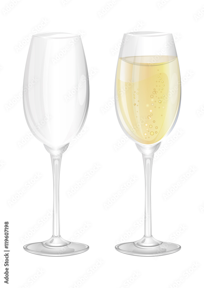 Two narrow glasses, empty and filled on a white background. Transparent vector illustration