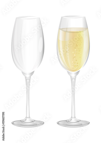 Two narrow glasses, empty and filled on a white background. Transparent vector illustration