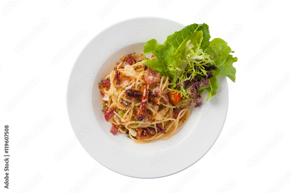 Spicy pasta with dried chili and bacon Spicy pasta with dried chili and bacon