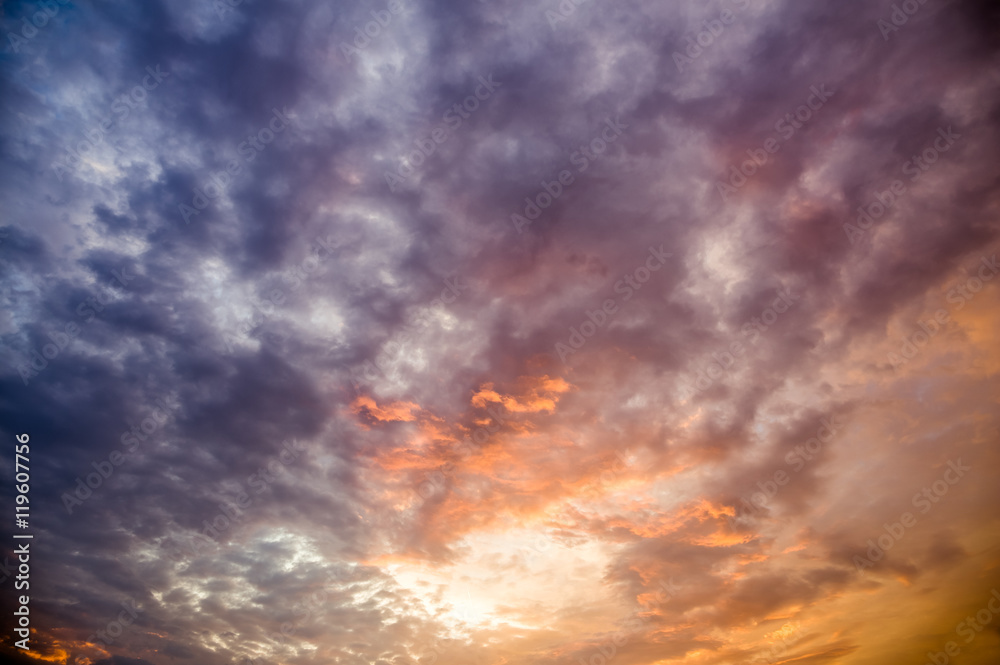 Dramatic Sky with Clouds at Sunset or Sunrise Background, HDR