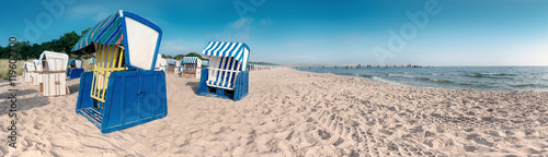 Traditional wooden beach chair on island Rugen on Baltic sea 