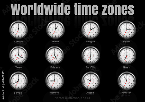 Set of clocks showing international time. World time  zones. Vector illustration 2