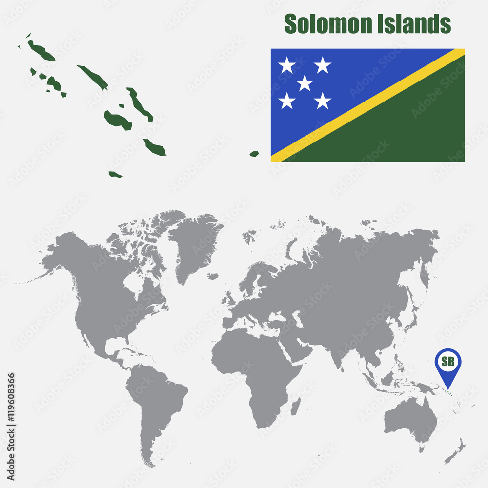 Obraz premium Solomon Islands map on a world map with flag and map pointer. Vector illustration