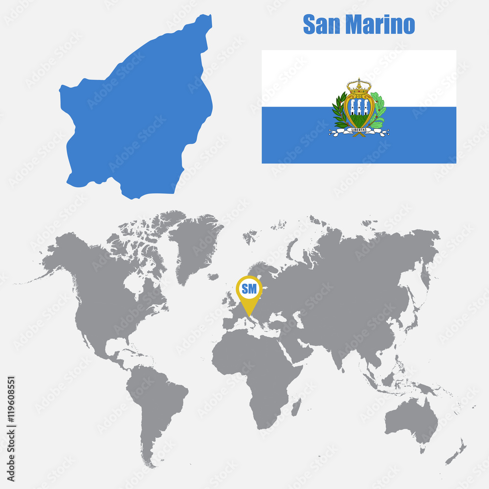 San Marino map on a world map with flag and map pointer. Vector illustration