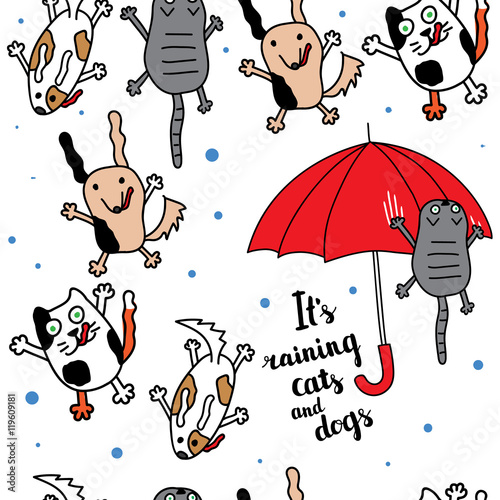 "It's raining cats and dogs" autumn card.