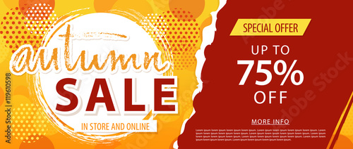 Autumn sale lettering template banner. Vector illustration in yellow, orange, red color.
