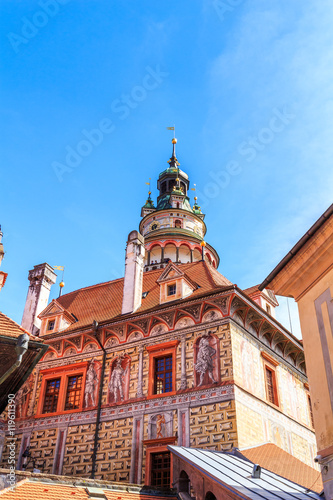 Castle tower  Cesky Krumlov  Czech Republic. UNESCO World Heritage Site.