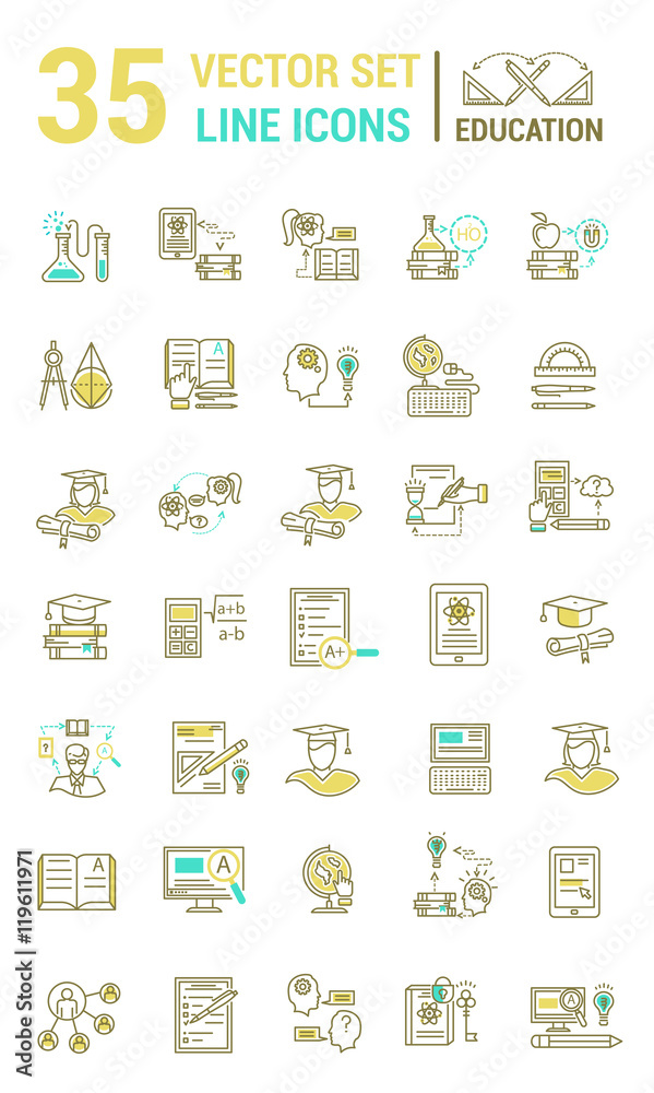 Fototapeta premium Set Vector Flat Line Icons school and education